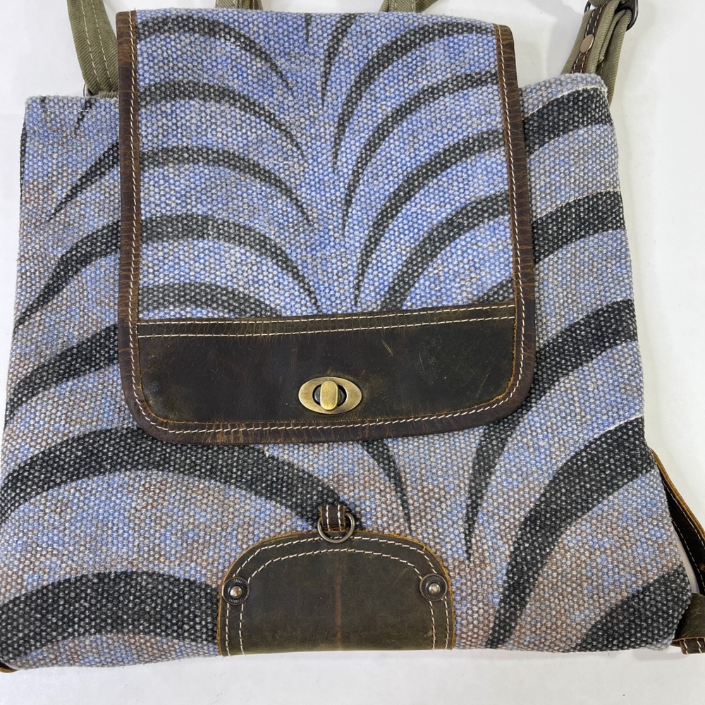 Myra Bag Safari Backpack Upcycled Canvas Cowhide Leather Blue Gray Zebra